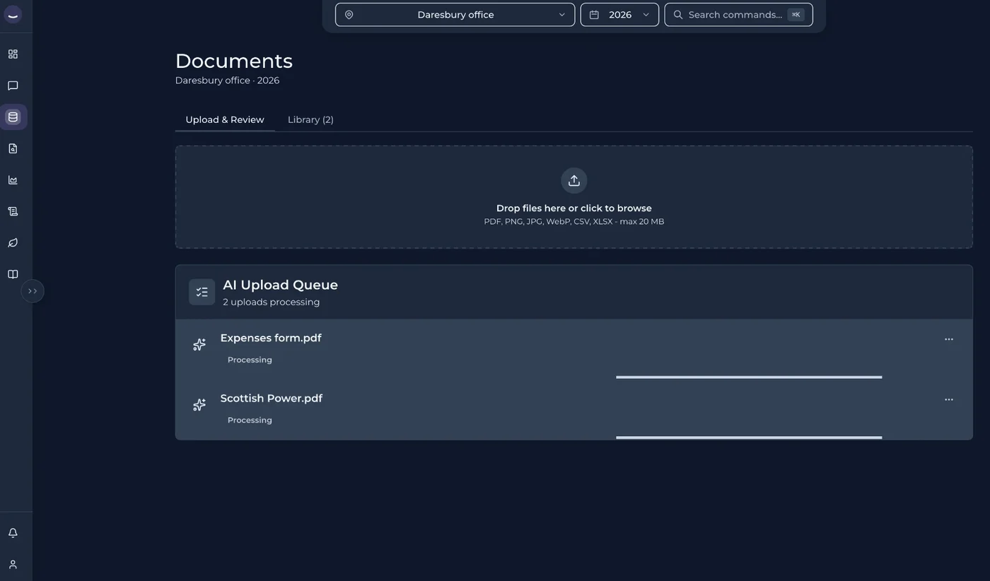 aida Documents page with files processing in the AI upload queue