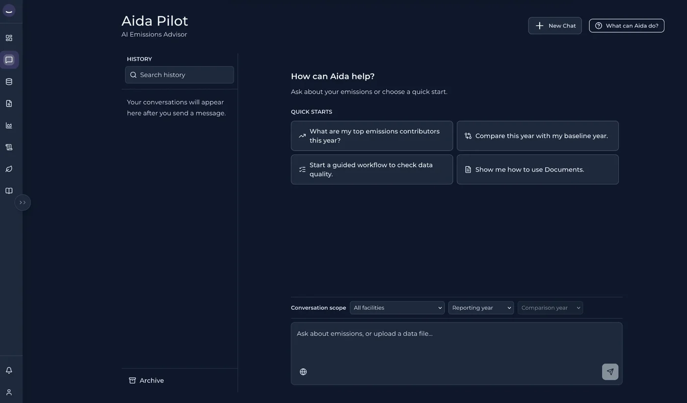 aida Pilot, the AI emissions advisor, with quick-start questions