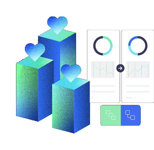 Illustrated hearts rising from three blocks beside connected analytics dashboards