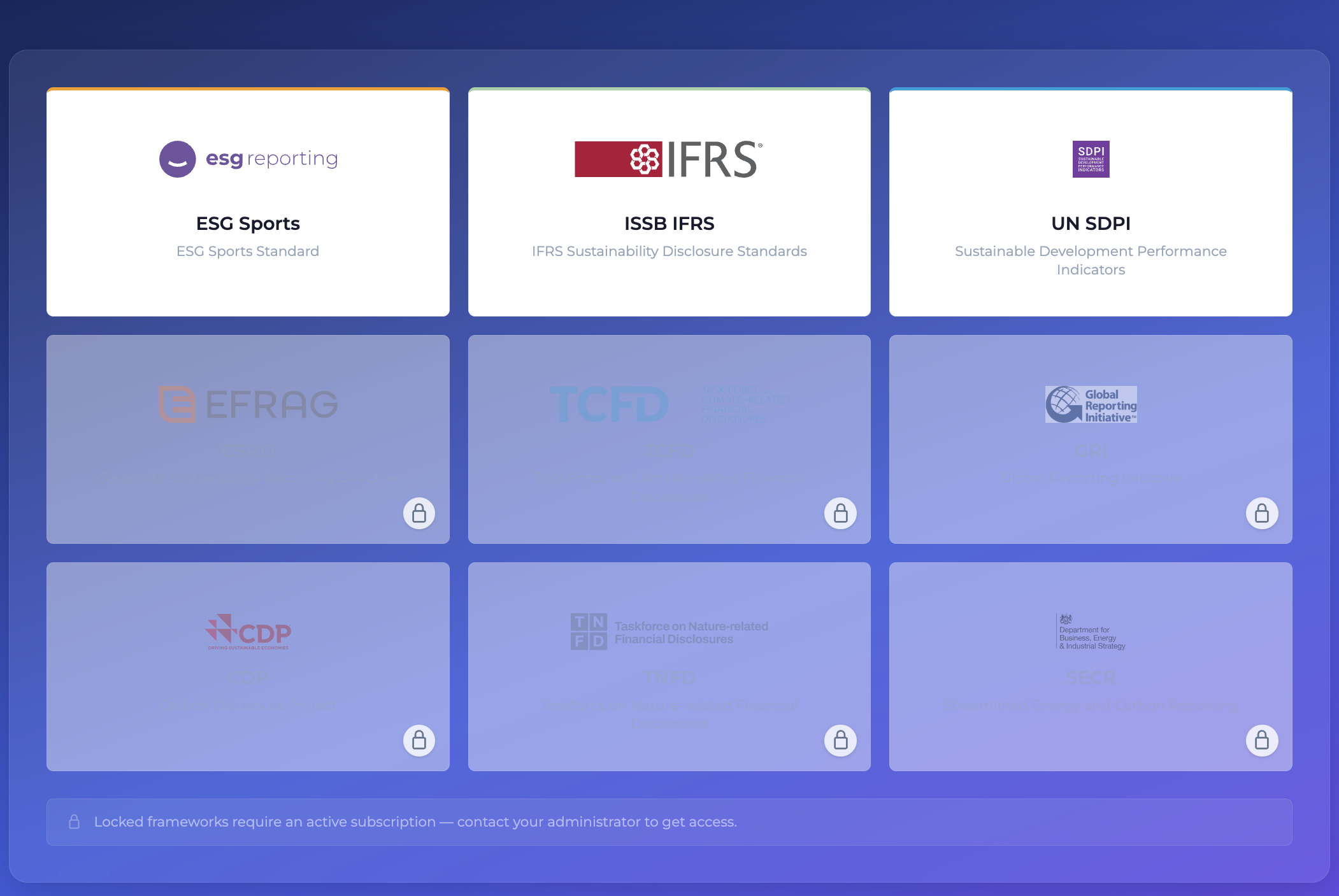 Aida ESG frameworks selection screen